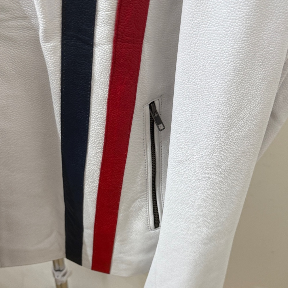 Vintage Women White Leather Racing Jacket with Patches - Picture 7 of 13
